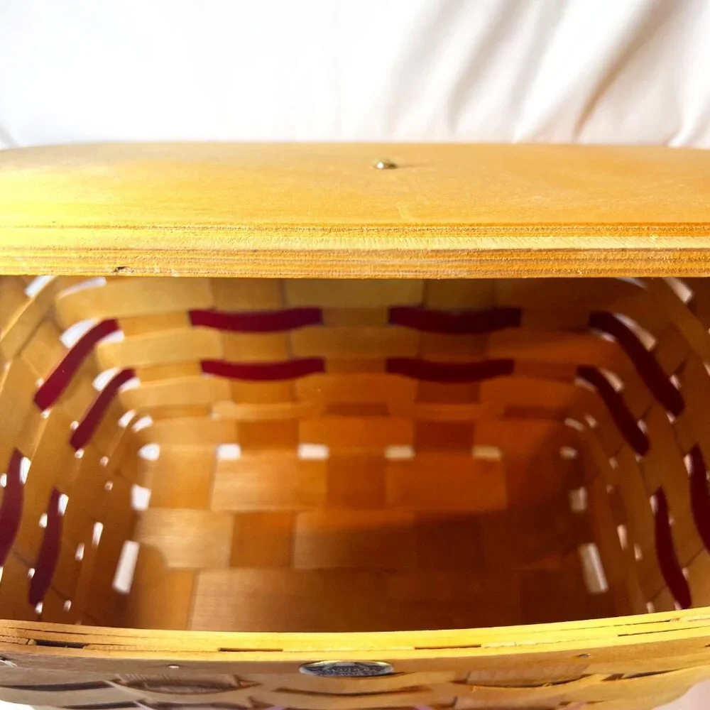 Peterboro Woven Basket Co. 1854-Picnic/Storage-W/Lid-Retired Tan/Red-Hand Made